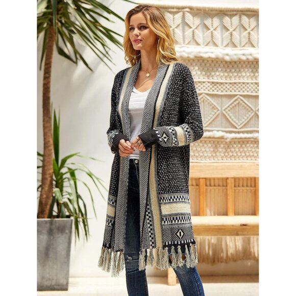Women Boho Knit Cardigan Small Lightweight Tribal Fringe Long Open Front - Picture 4 of 6